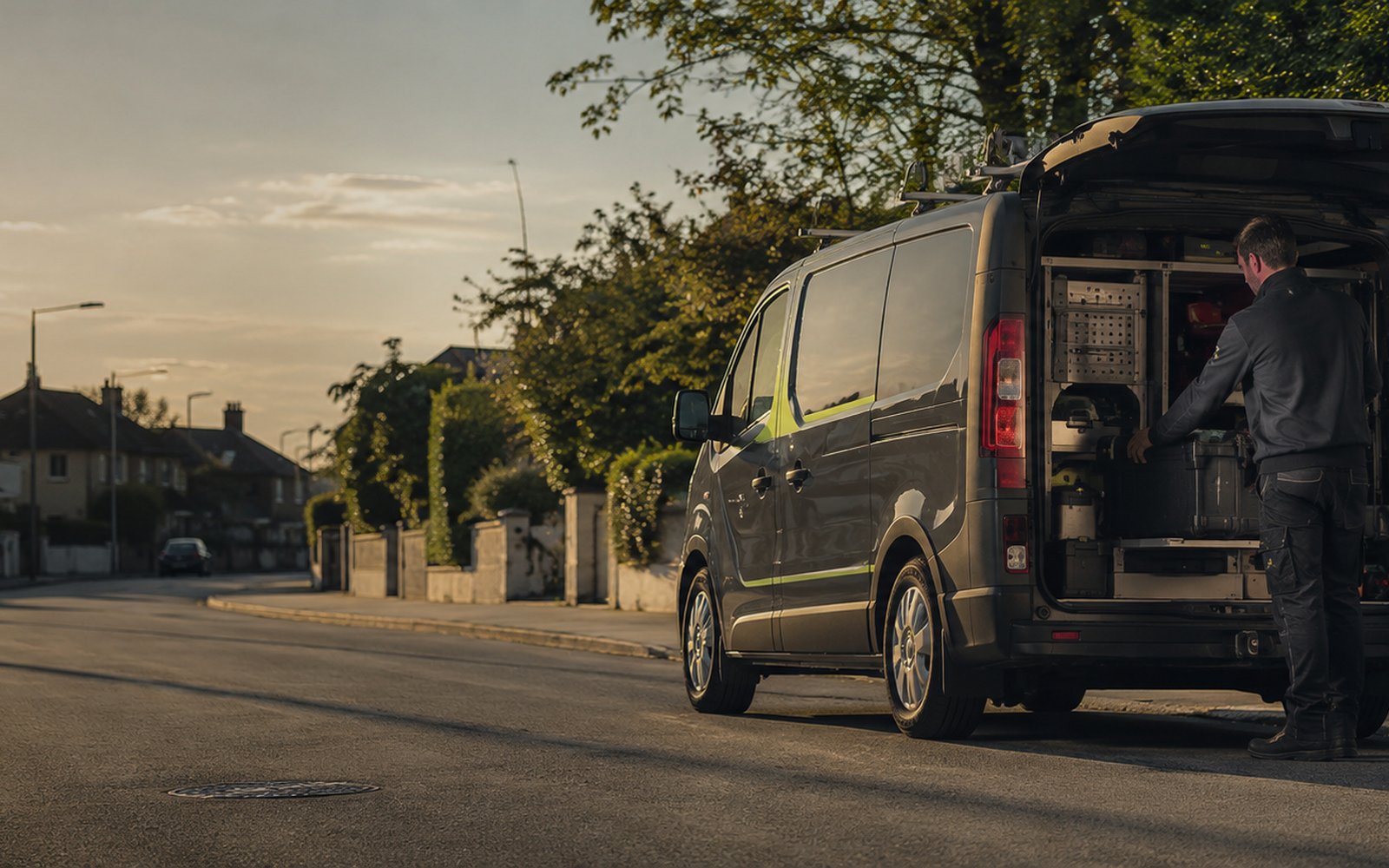 Irish tradesperson loading tools from a van at golden hour