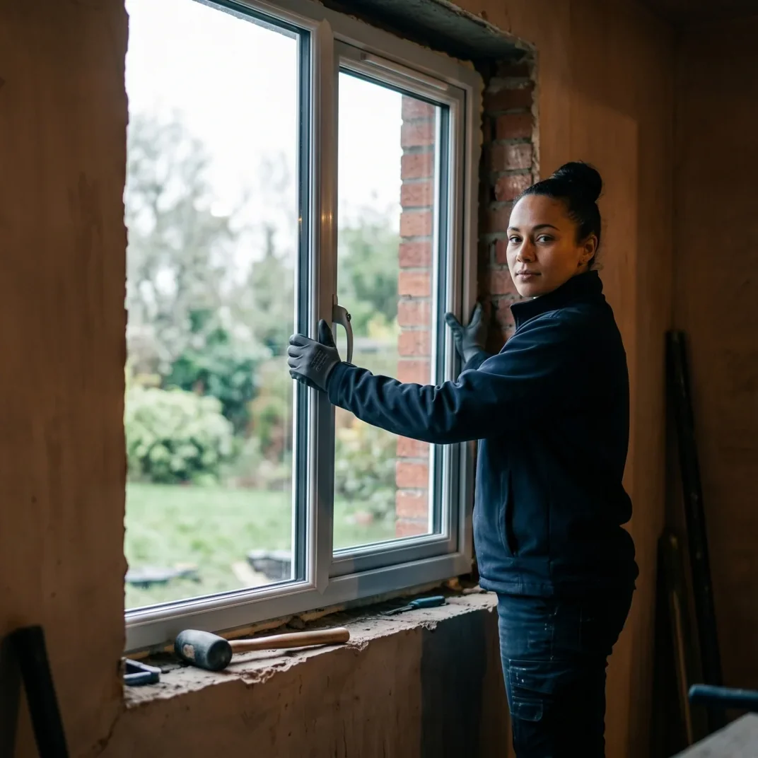 Window installer fitting a new frame in an Irish home