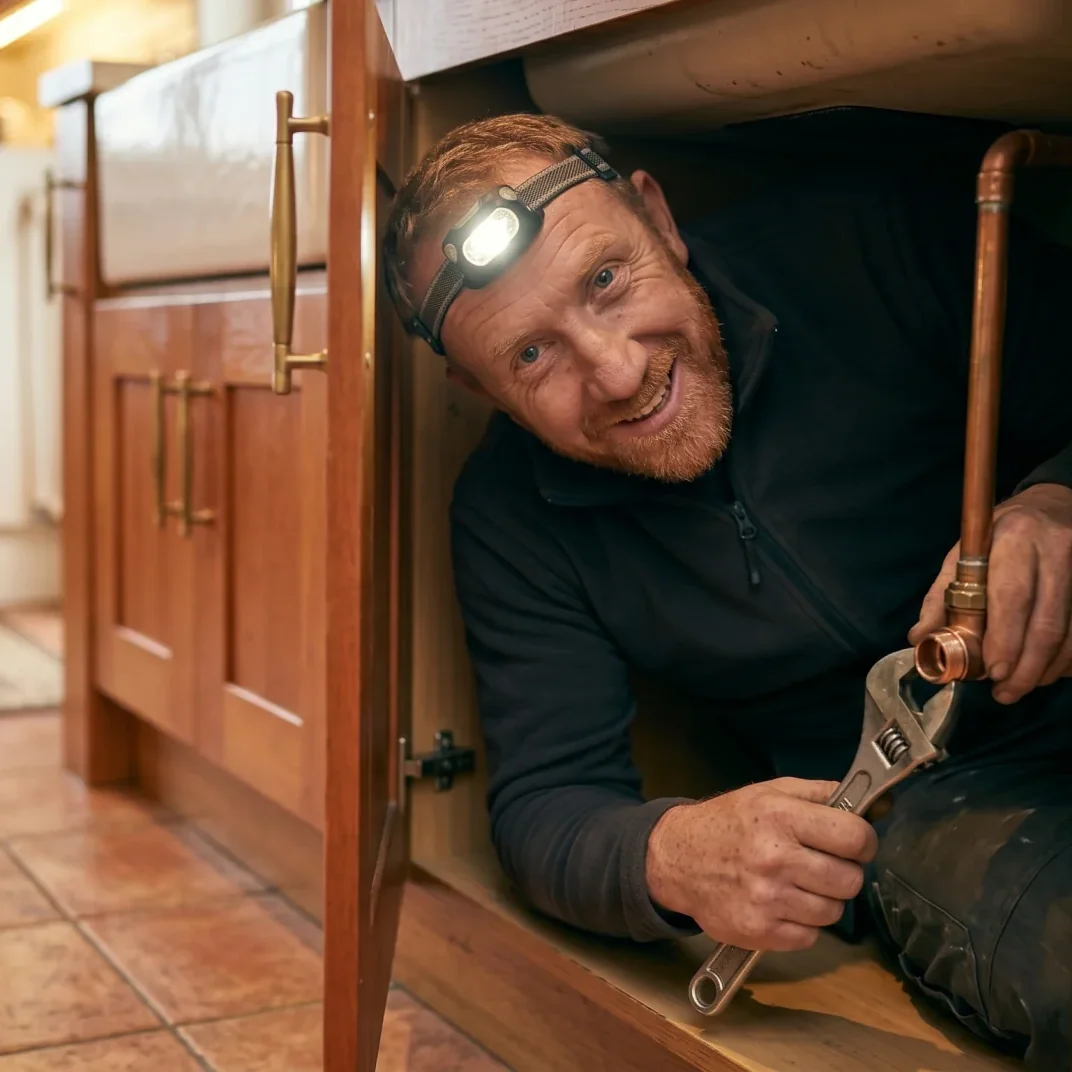 Plumber under a kitchen sink with a headlamp, fixing copper pipework