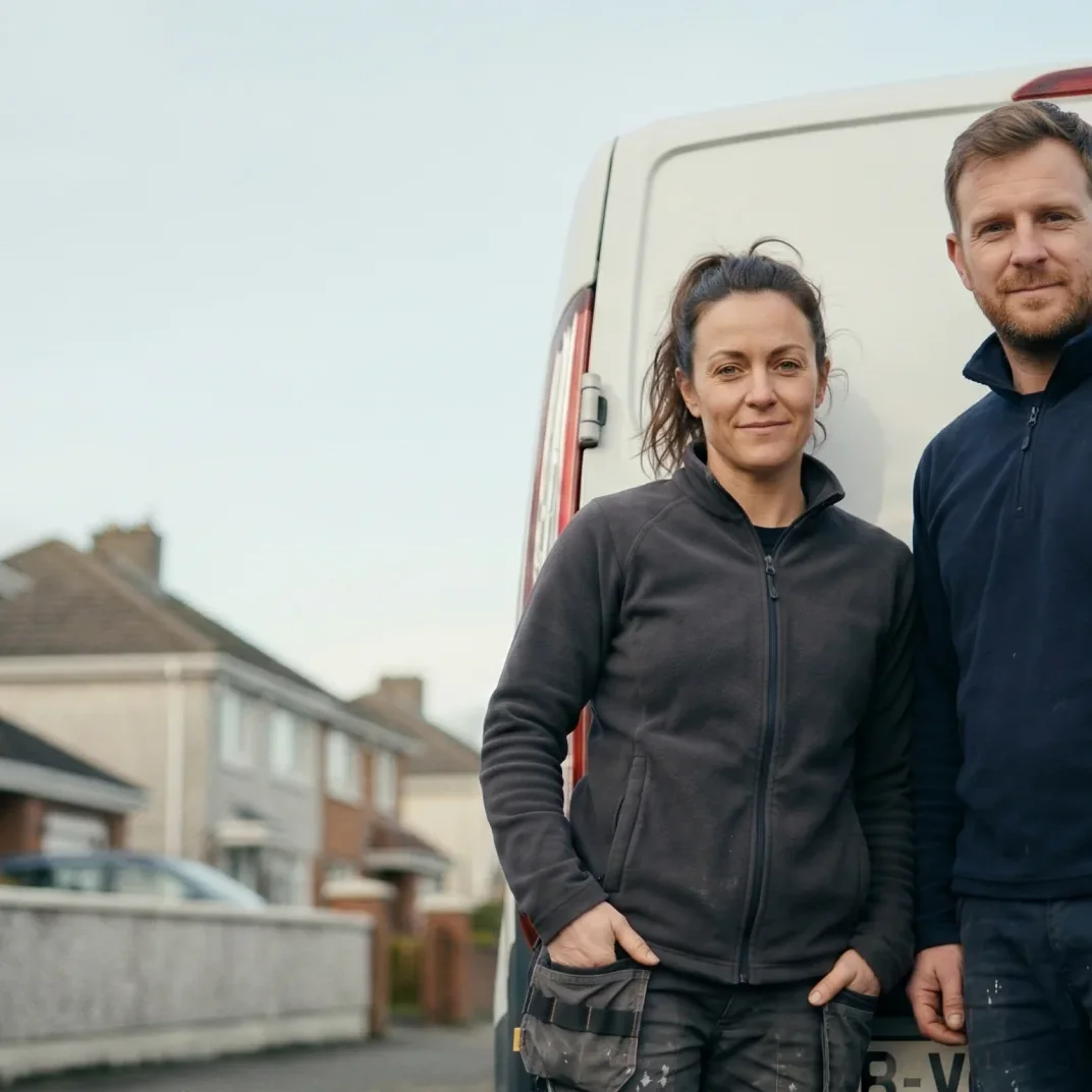Two electricians by their work van on a residential street in Ireland