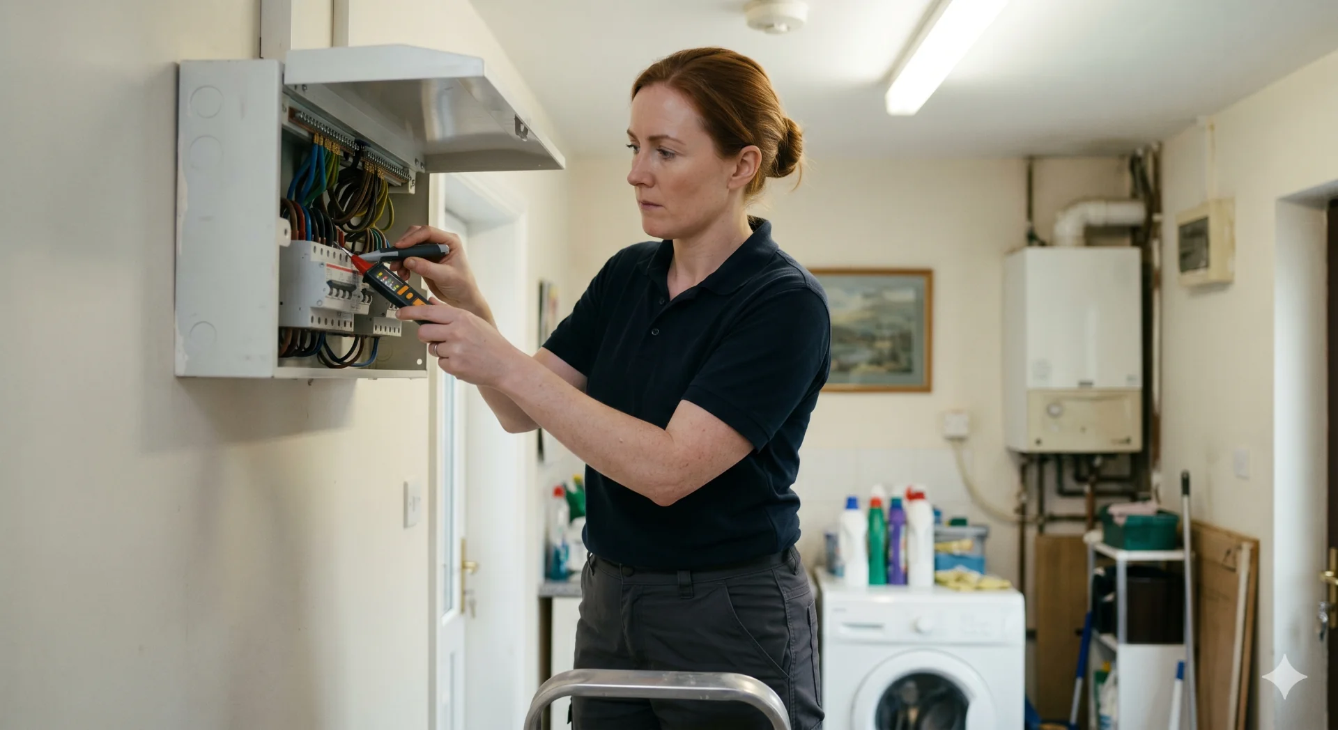 Female electrician testing wiring at a consumer unit in an Irish utility room