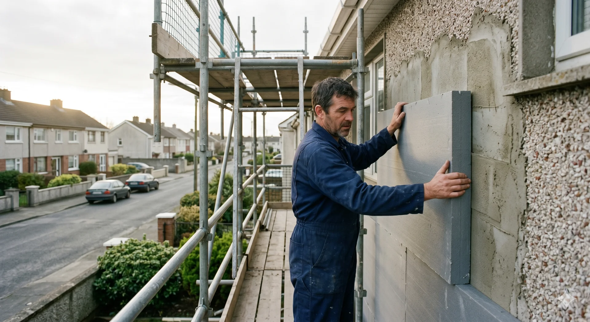 EWI installer on scaffold pressing insulation board panels onto a rendered Irish semi-detached house exterior