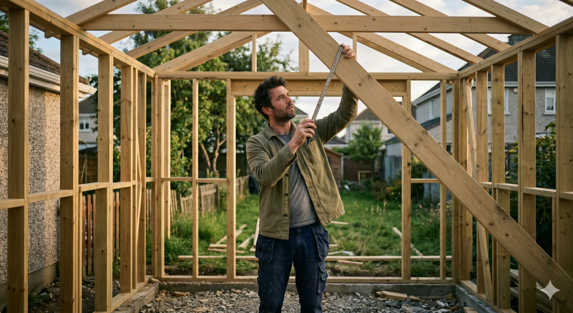 Builder measuring and assembling a timber frame structure for a garden room in an Irish suburban back garden