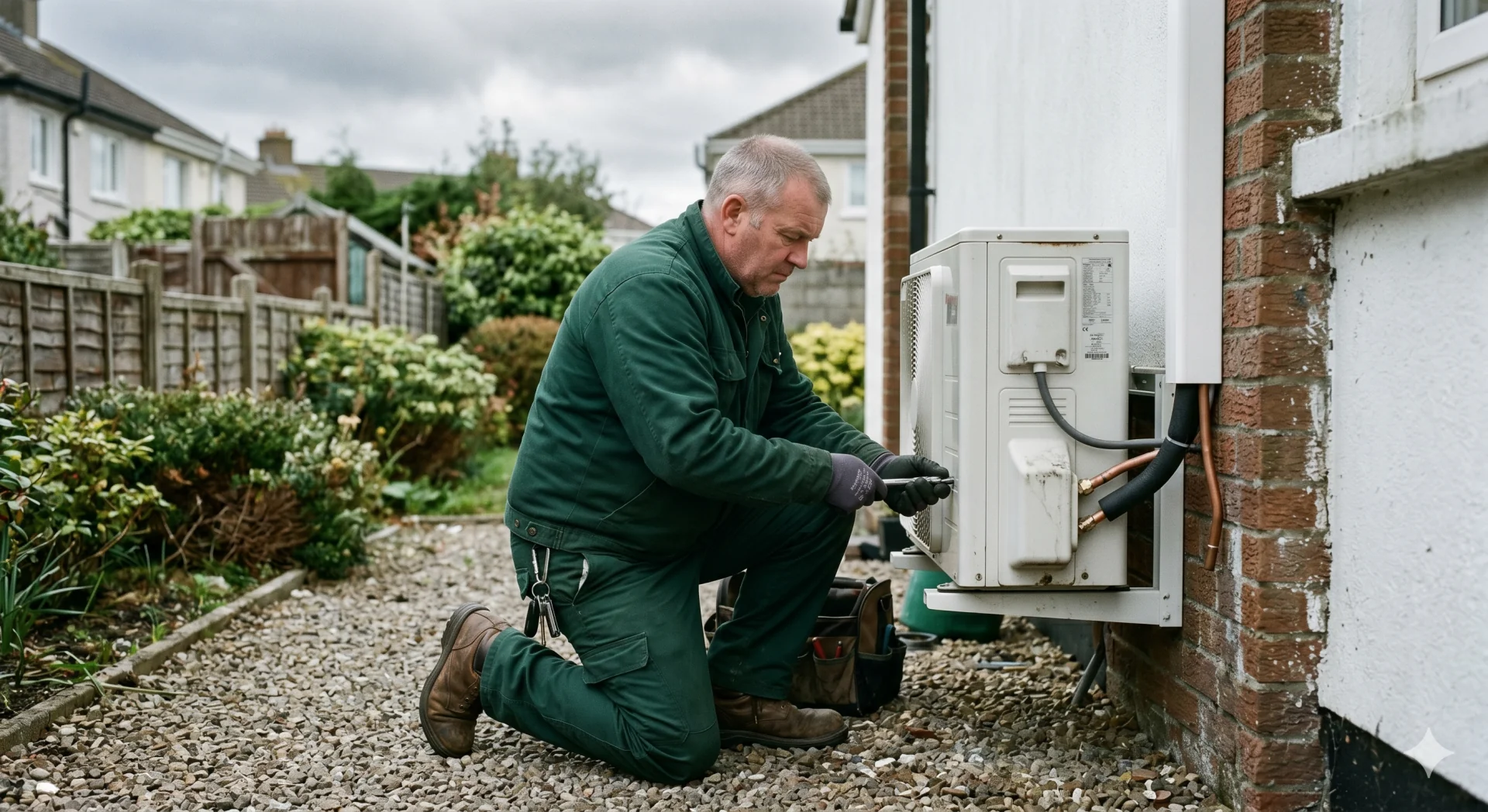HVAC engineer kneeling to connect pipework on an air source heat pump unit outside an Irish semi-detached