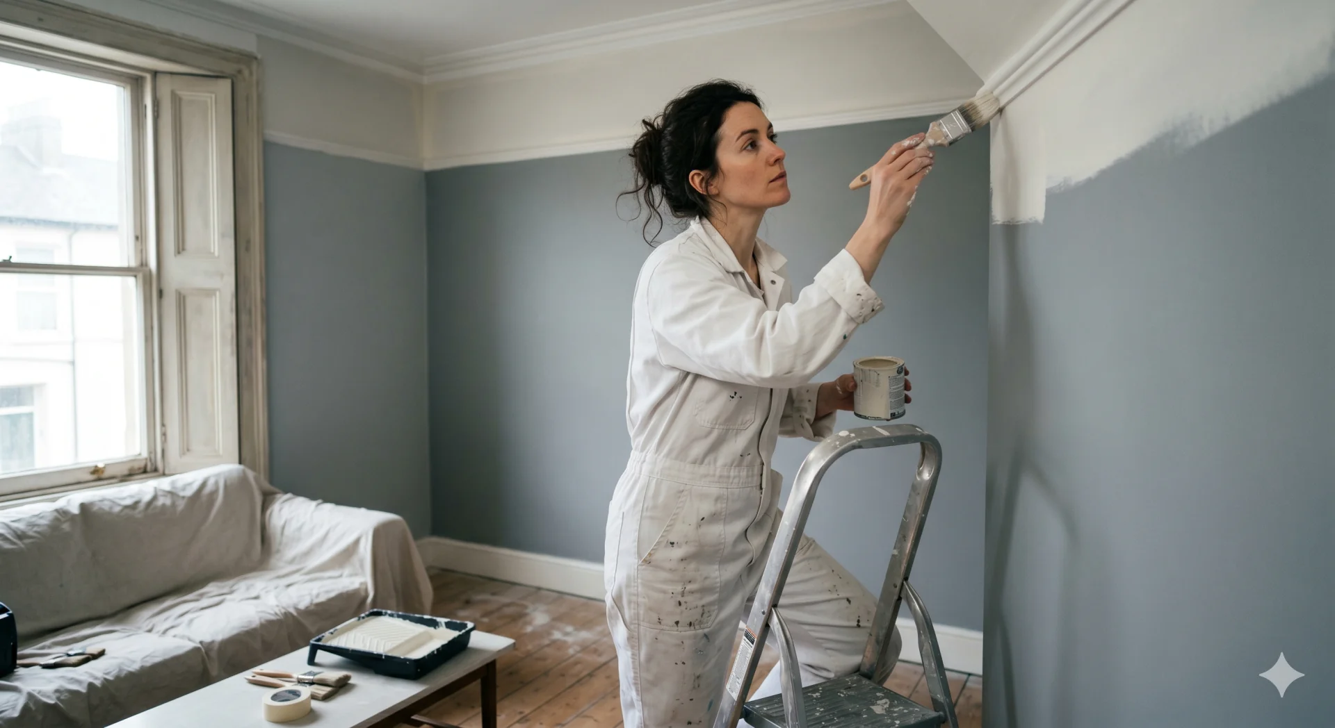 Painter in white overalls cutting in a ceiling coving with a brush in an Irish period living room