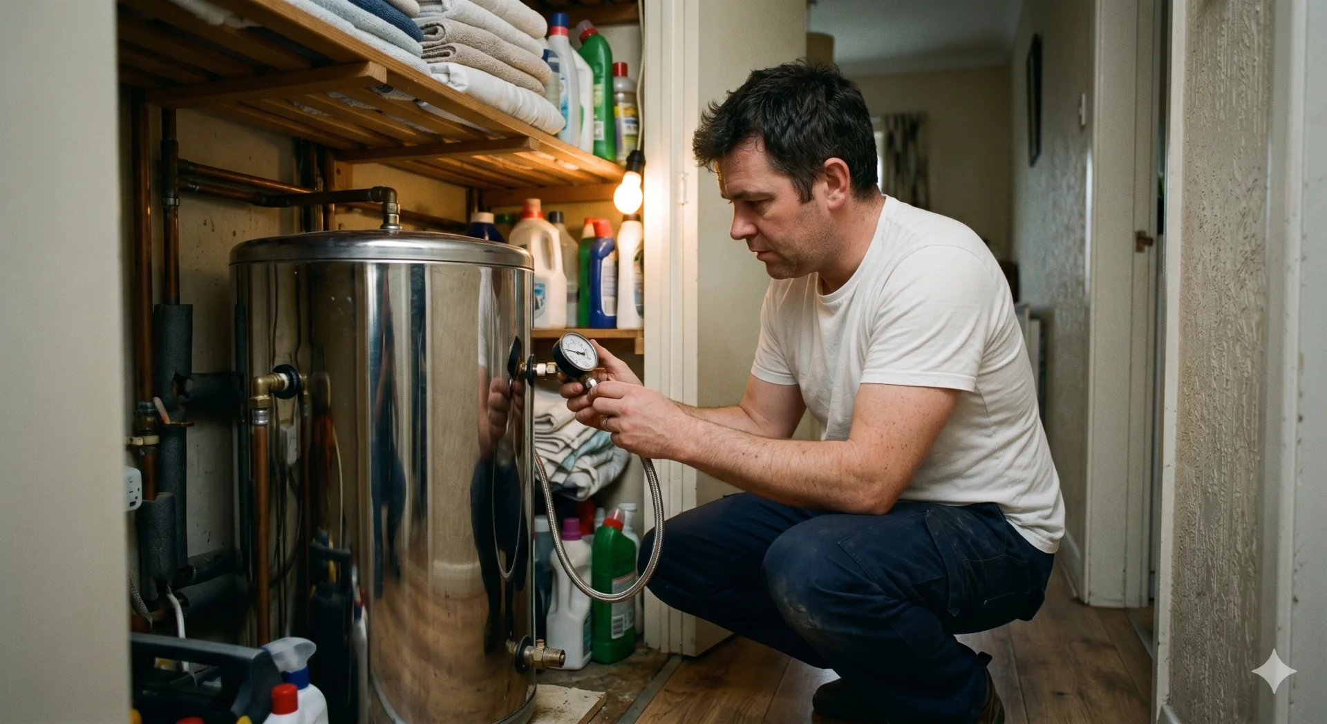 Irish plumber crouching beside a hot water cylinder checking pressure gauge in utility room