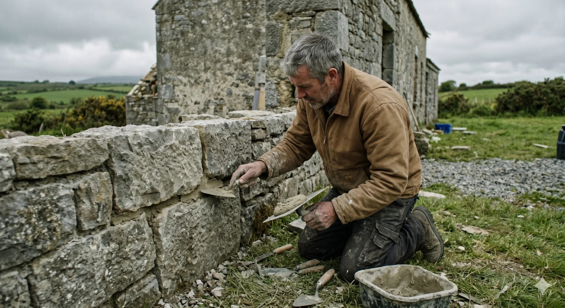 Stone mason repointing a dry stone wall at a derelict Irish rural outbuilding under overcast sky