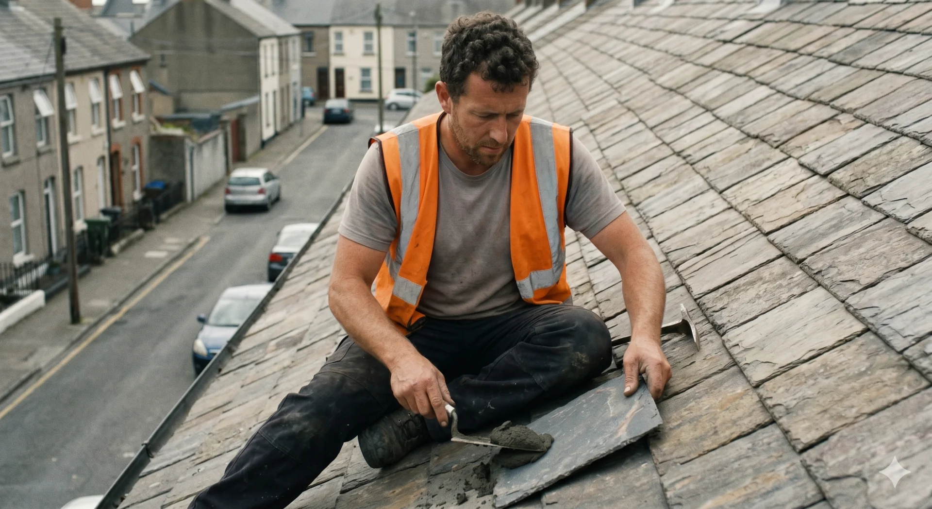 Roofer seated on a pitched slate roof in an Irish town, laying new slates with a hammer