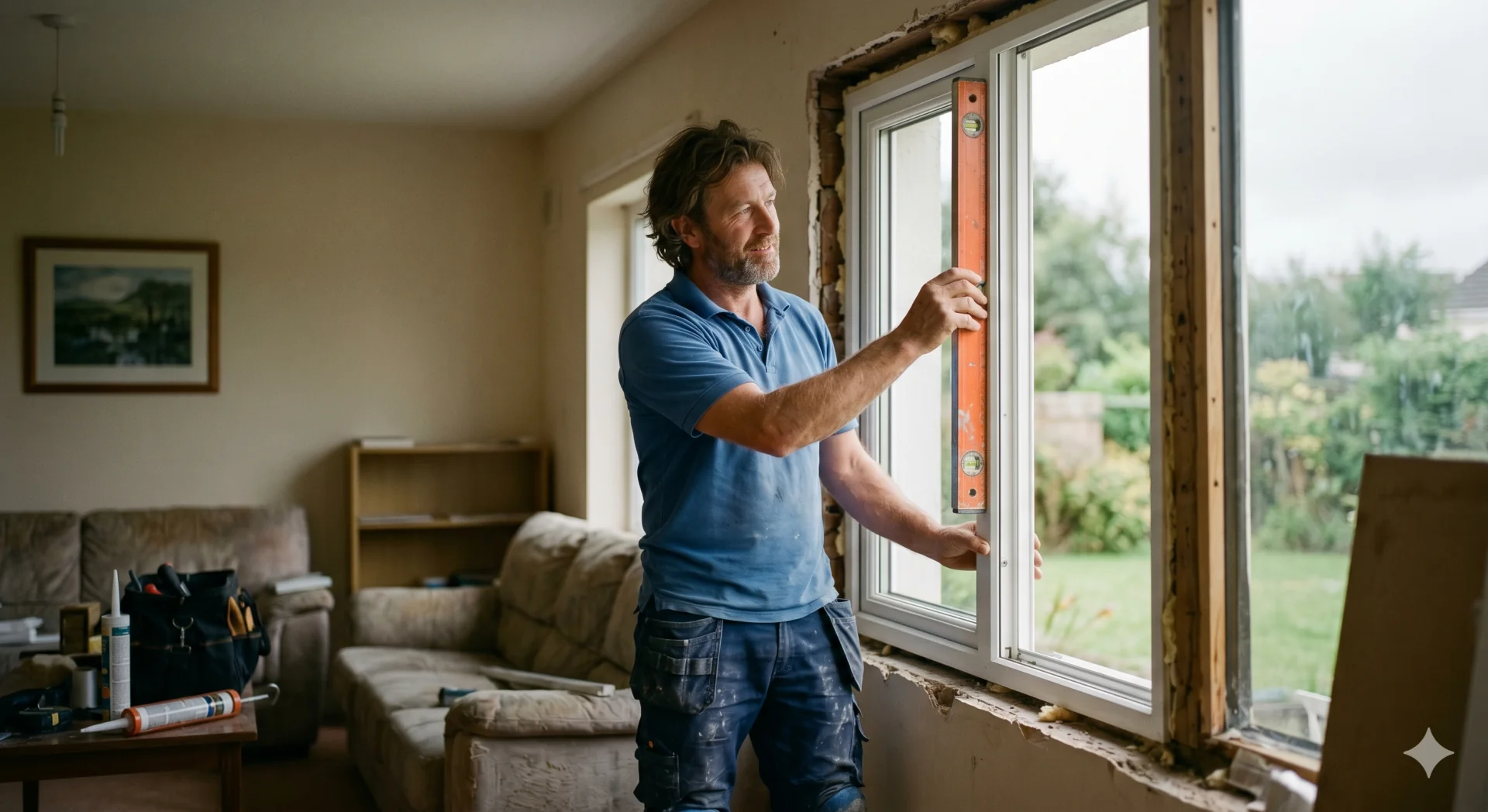 Window fitter using a spirit level to check a new uPVC window frame in an Irish living room