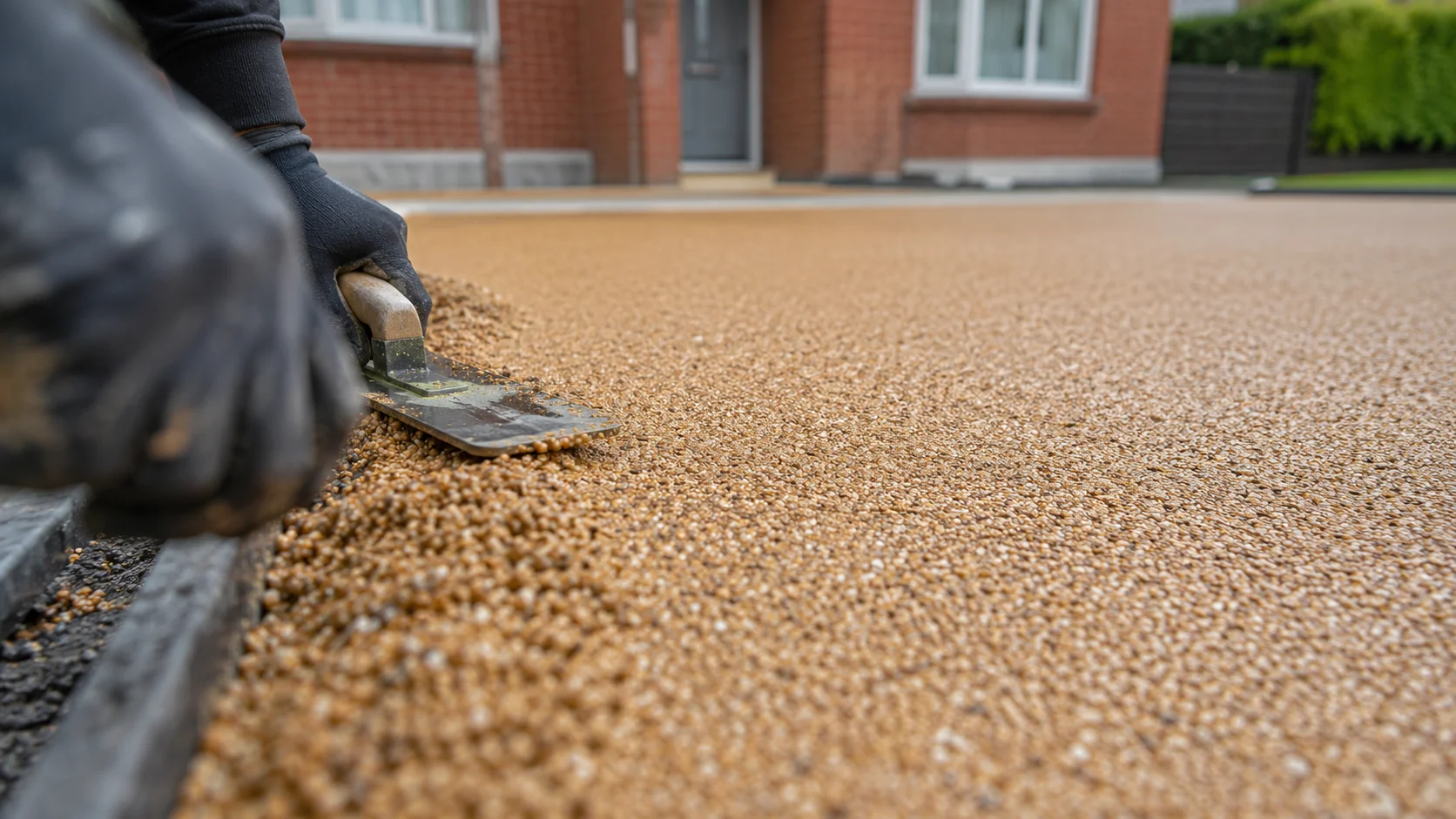 Paving specialist trowelling a resin bound aggregate driveway surface in Ireland