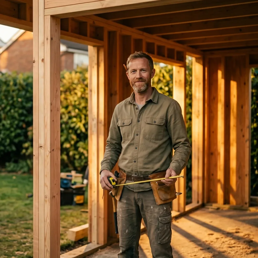 Builder working on a timber frame garden room structure in Ireland