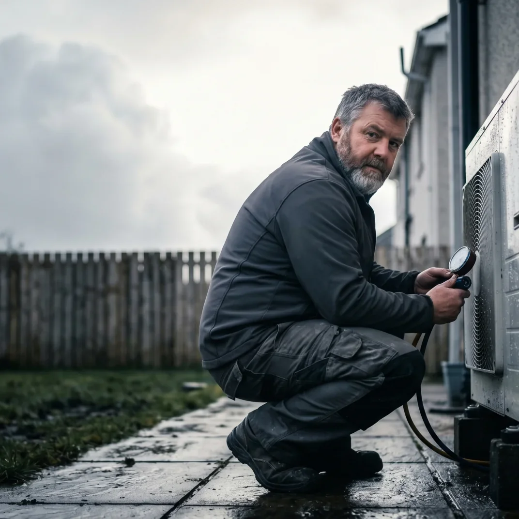 HVAC engineer installing a heat pump outside an Irish home