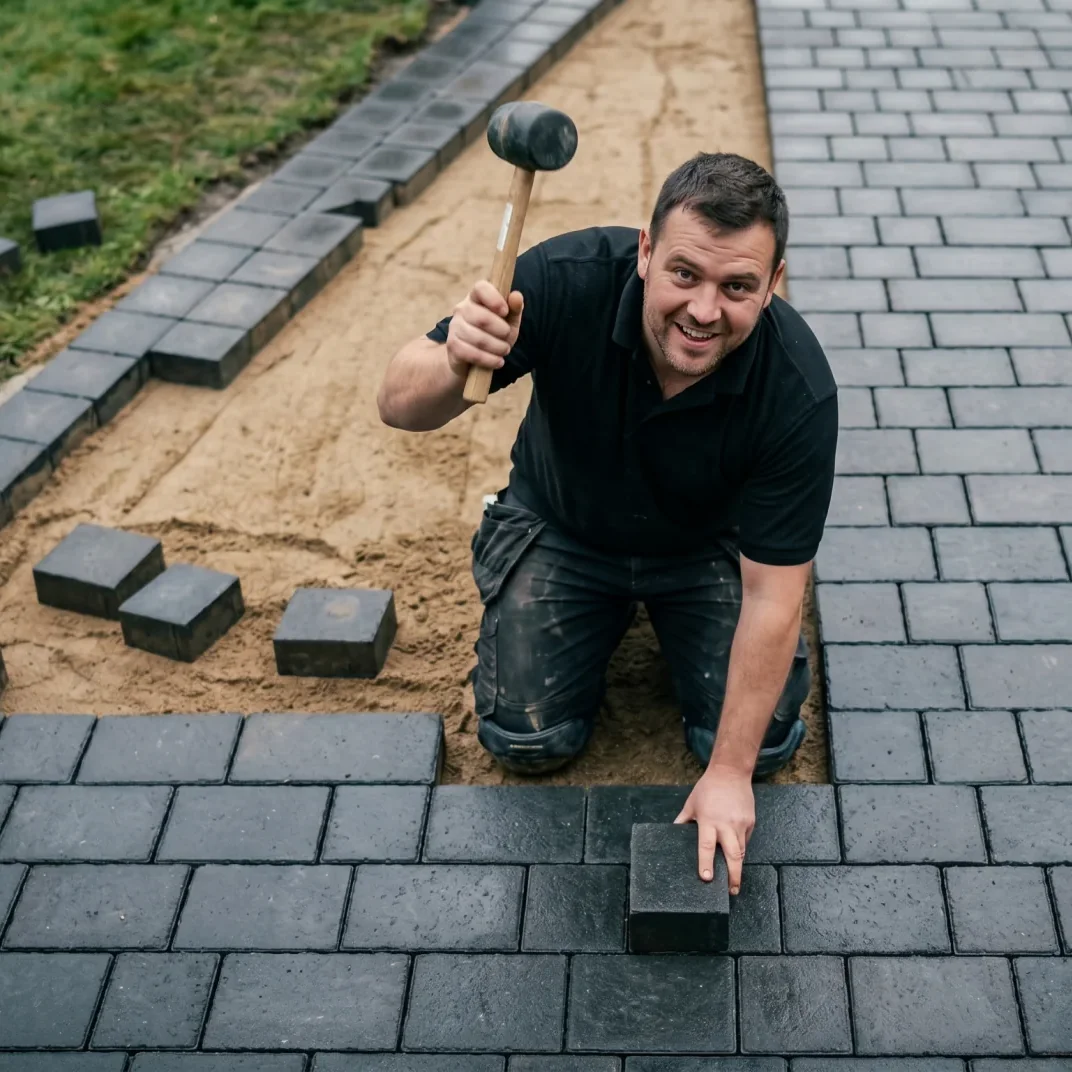Paving contractor laying block paving on a driveway in Ireland
