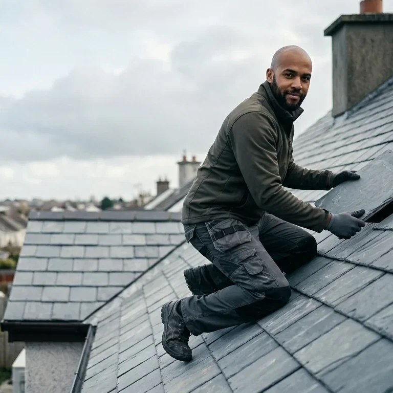 Roofer fixing slates on a pitched roof in Ireland